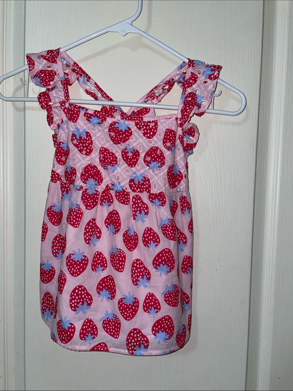 crown & ivy Pink Tank Top with Red Strawberry Print and Light Blue Accents